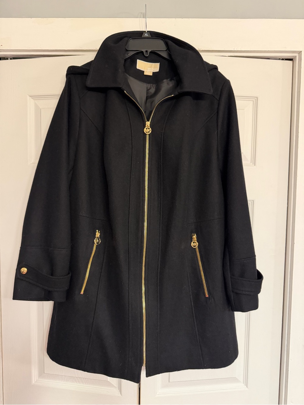 Michael Kors Black Pea Coat with Gold Zippers and detachable hood